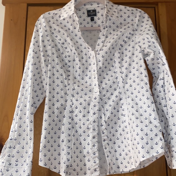Express The Essential Shirt button down long sleeve white blue anchors S P - Picture 1 of 7